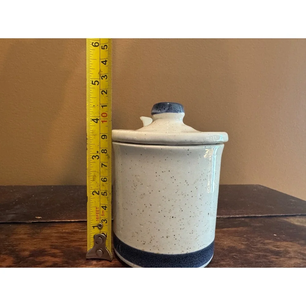 McCoy Speckled‎ Relish Mustard Jar with Lid & Spoon Blue White Farmhouse Decor